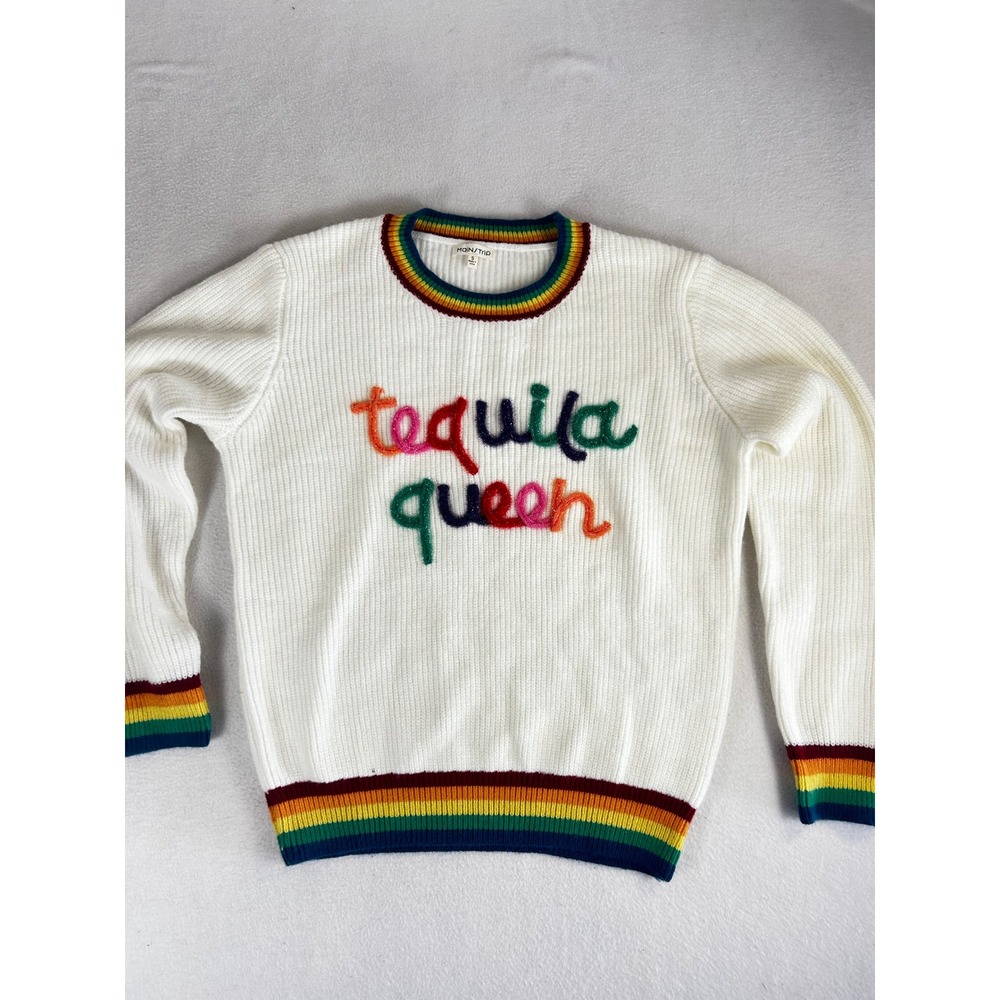 Main Strip Tequila Queen Rainbow Striped Ribbed Knit Sweater White Small